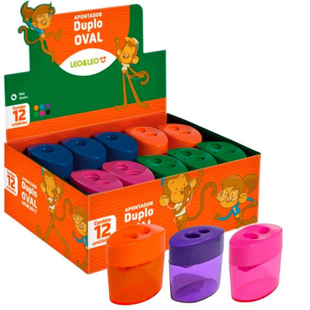 Apontador Plástico Duplo Oval Leo e Leo Cores Sortidas 12 unidades