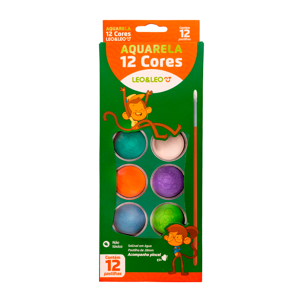 Aquarela com pincel Leo e Leo 12 cores