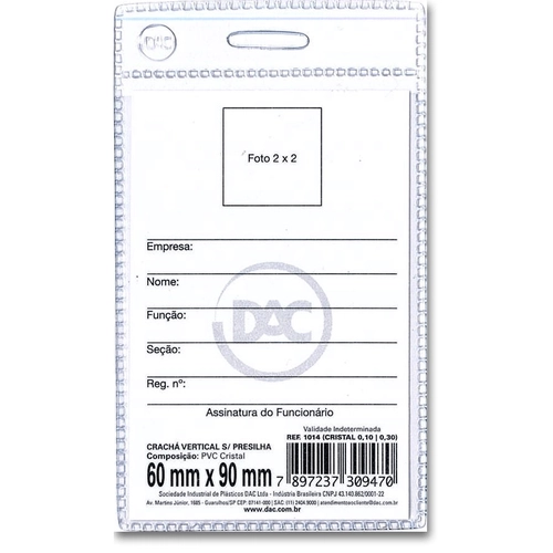Crach&aacute; Vertical Flex&iacute;vel PVC DAC Cristal 60mm x 90mm Unit&aacute;rio