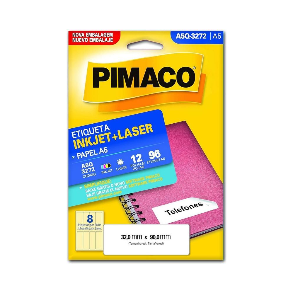 Etiqueta Adesiva Papel A5 32mm x 90mm Pimaco Retangular Branca com 12 Folhas