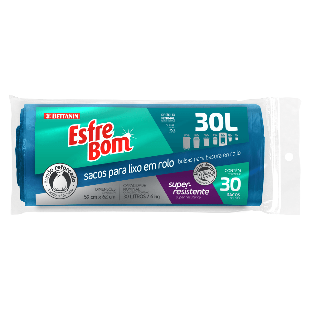 Saco Lixo Rolo Esfrebom Azul 30L c/30